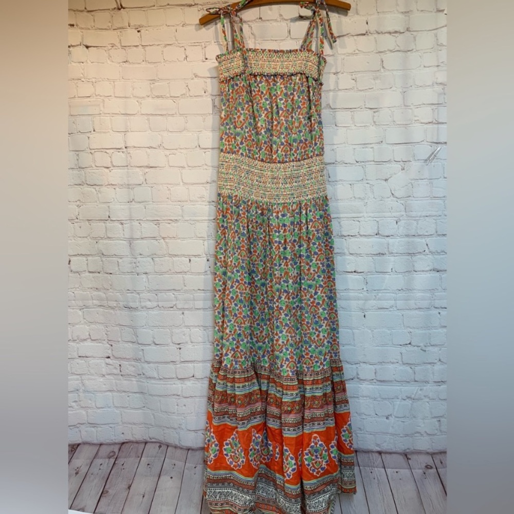 New Tory Burch Legacy Paisley Smocked Tie Shoulder Cotton Sun Maxi Dress S 4 6 - Picture 2 of 3